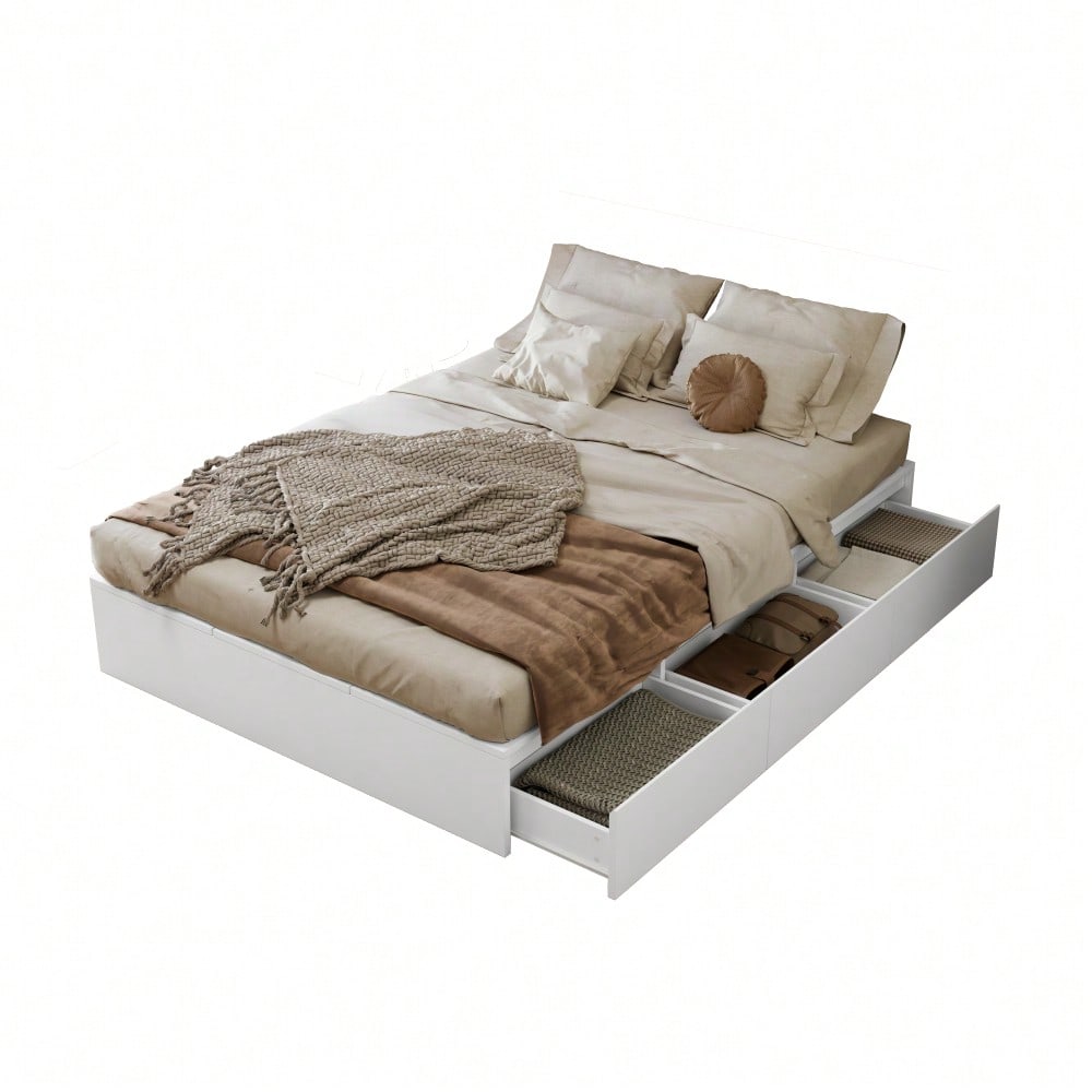 Stauraumbett 140 x 200 cm,Palettenbett, Doppelbett, Funktionsbett, Massivholzbett, mit Stauraumbox unter dem Bett, mit Schubladen, mit Stauraum, ohne Matratze, weiß