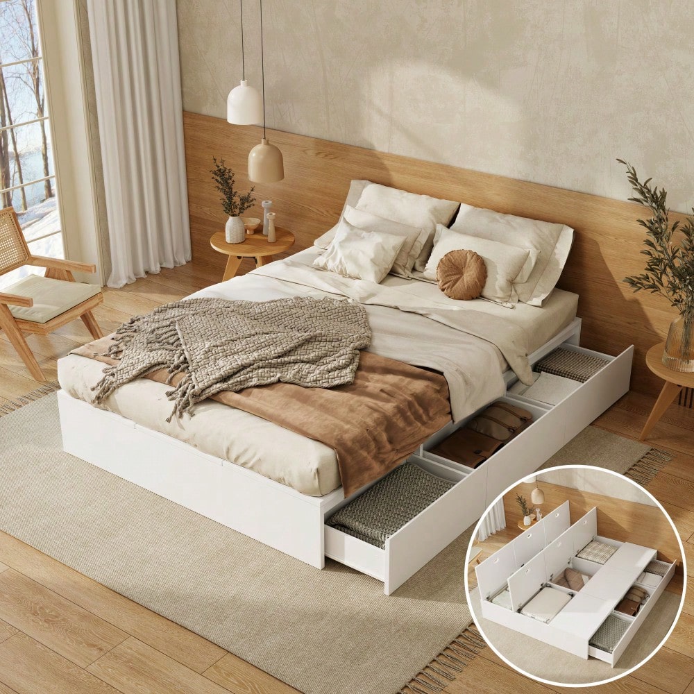 Stauraumbett 140 x 200 cm,Palettenbett, Doppelbett, Funktionsbett, Massivholzbett, mit Stauraumbox unter dem Bett, mit Schubladen, mit Stauraum, ohne Matratze, weiß