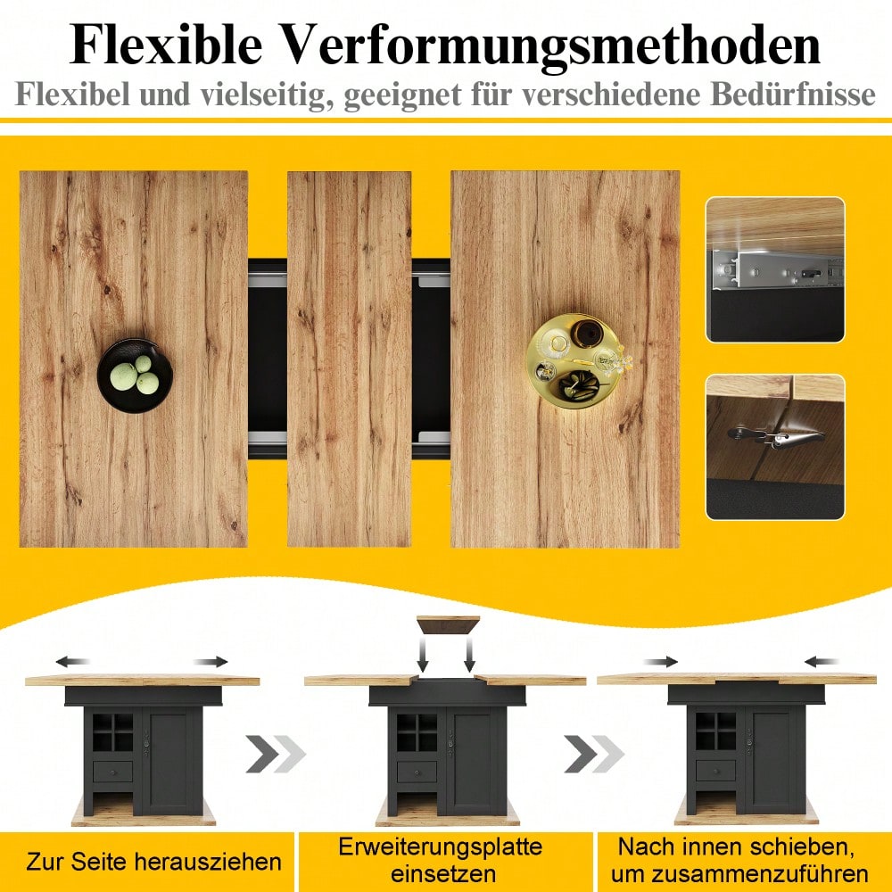 Esstisch Teleskoptisch(110-140×80cm), klappbarer Küchentisch für 4-6 Personen, Ausziehbarer Esstisch ,platzsparender Küchentisch,für Küche und Wohnzimmer,Esstisch mit Weinregal und Schubladen