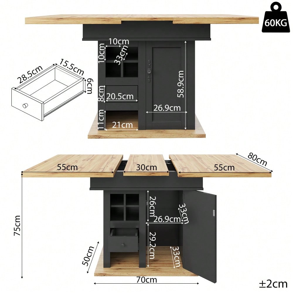 Esstisch Teleskoptisch(110-140×80cm), klappbarer Küchentisch für 4-6 Personen, Ausziehbarer Esstisch ,platzsparender Küchentisch,für Küche und Wohnzimmer,Esstisch mit Weinregal und Schubladen