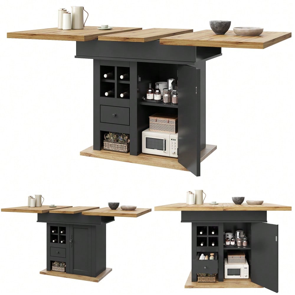 Esstisch Teleskoptisch(110-140×80cm), klappbarer Küchentisch für 4-6 Personen, Ausziehbarer Esstisch ,platzsparender Küchentisch,für Küche und Wohnzimmer,Esstisch mit Weinregal und Schubladen