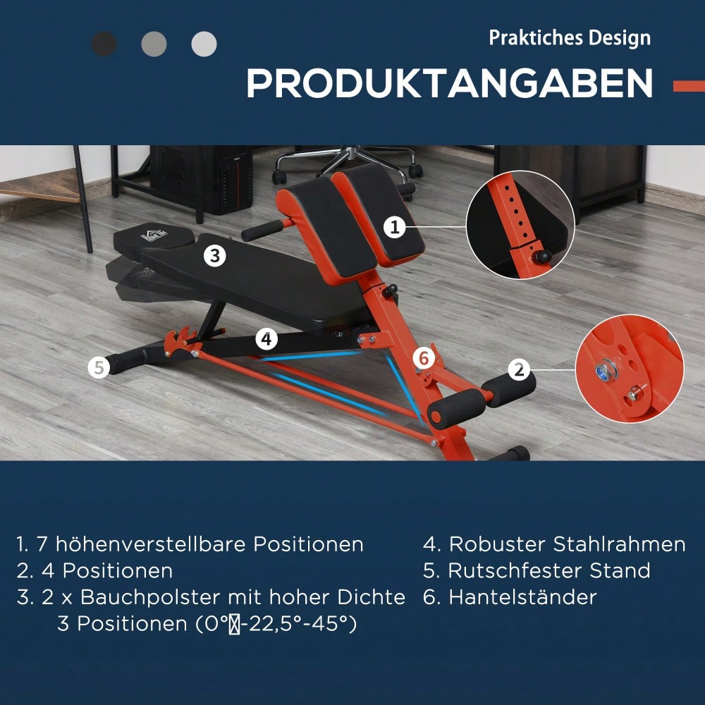 HOMCOM Multi-Hantelbank verstellbar Fitnessbank Schrägbank Bauchtrainer Schwarz 64 x 146 x 73,5-85 cm für effektives Training
