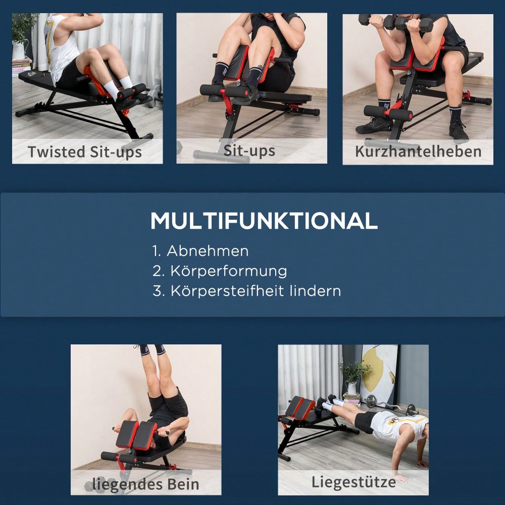 HOMCOM Multi-Hantelbank verstellbar Fitnessbank Schrägbank Bauchtrainer Schwarz 64 x 146 x 73,5-85 cm für effektives Training
