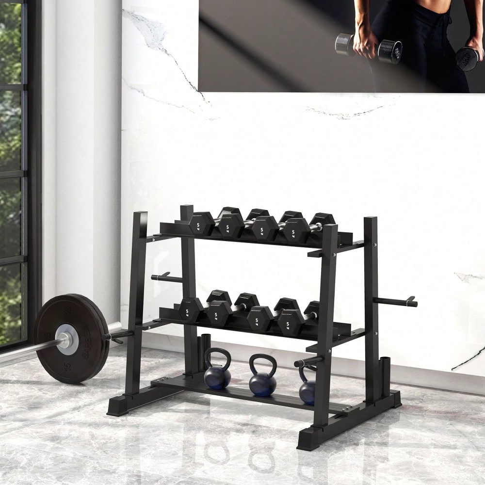SPORTNOW Hantelständer 3 Ebenen bis 200 kg Stahl Schwarz 131x75x80 cm für Fitnessstudio & Heimtraining