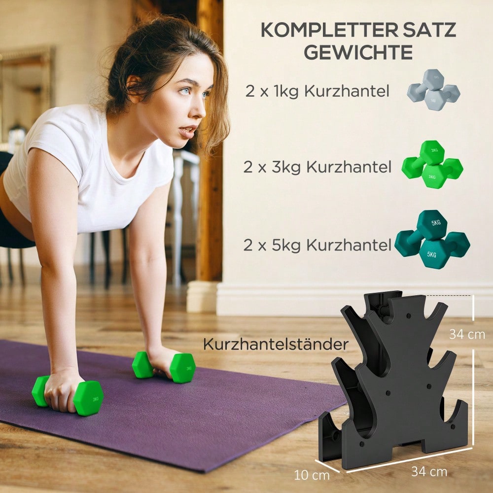 SPORTNOW Hanteln Set 6 Kurzhanteln mit Hantelständer, 2 x 1kg, 2 x 3kg, 2 x 5kg Hantelset aus Metall für Fitness, Gymnastik, Zuhause