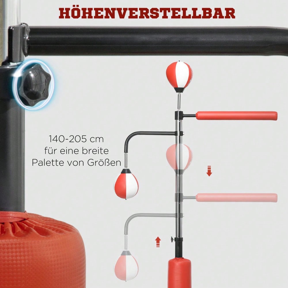 SPORTNOW Standbox 140-205cm freistehender Boxsack höhenverstellbar mit 2 Speedbällen Reflexstange Saugnapf-Basis für Erwachsene