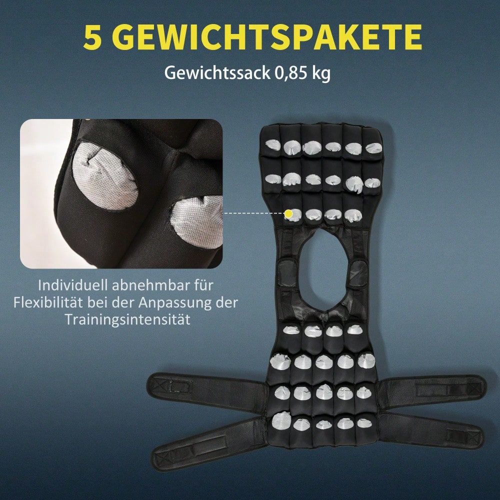 HOMCOM Gewichtsweste 30 kg verstellbar mit 35 Gewichtssäcken für Krafttraining aus Oxford Metall Schwarz 60x50cm