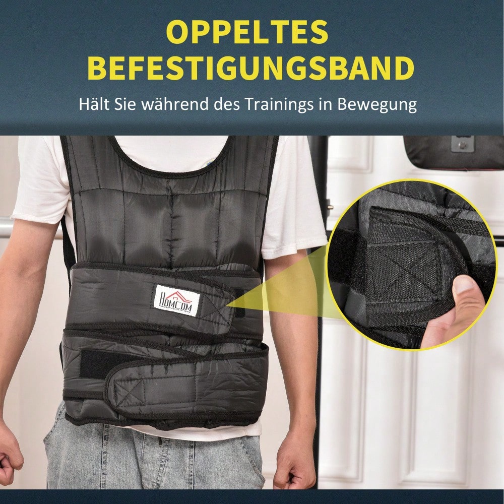 HOMCOM Gewichtsweste 30 kg verstellbar mit 35 Gewichtssäcken für Krafttraining aus Oxford Metall Schwarz 60x50cm