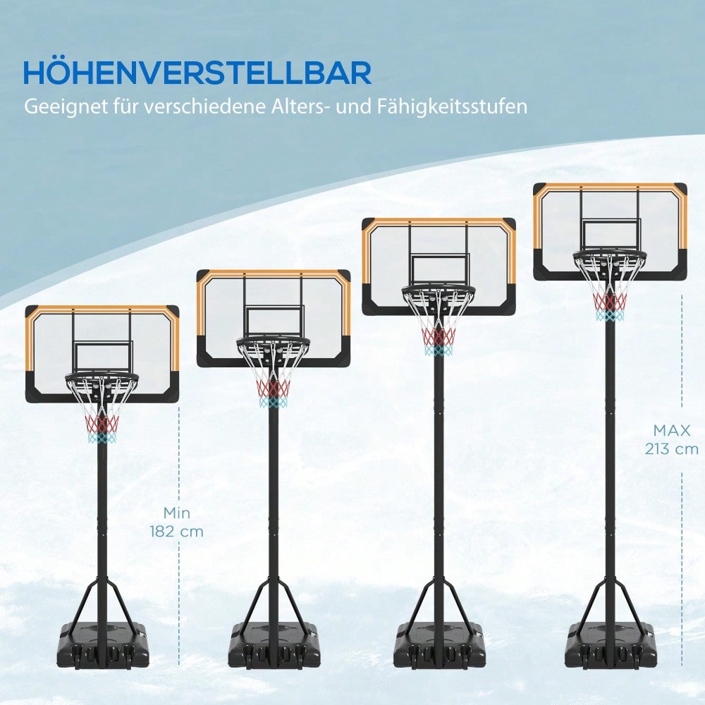 SPORTNOW Basketballkorb Outdoor mit Standfuß, 182-213 cm höhenverstellbar, inkl. Rollen & Netzz, für Garten, Hof, Sportplatz, Indoor und Outdoor, aus Stahl (Schwarz)