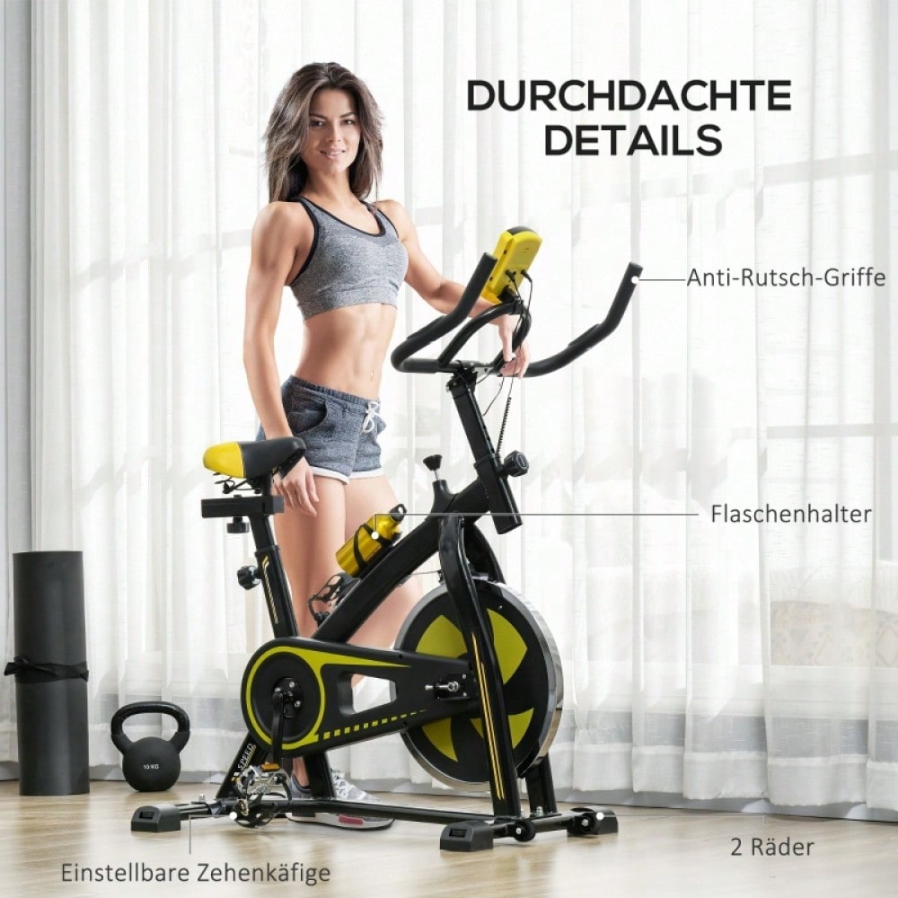 SPORTNOW Heimtrainer Fahrrad Indoor Cycling Bike, mit verstellbarem Sitz & Widerstand, LCD-Display inkl. Herzfrequenz-Sensor, für Home Gym Fitness, Stahlrahmen (Gelb)