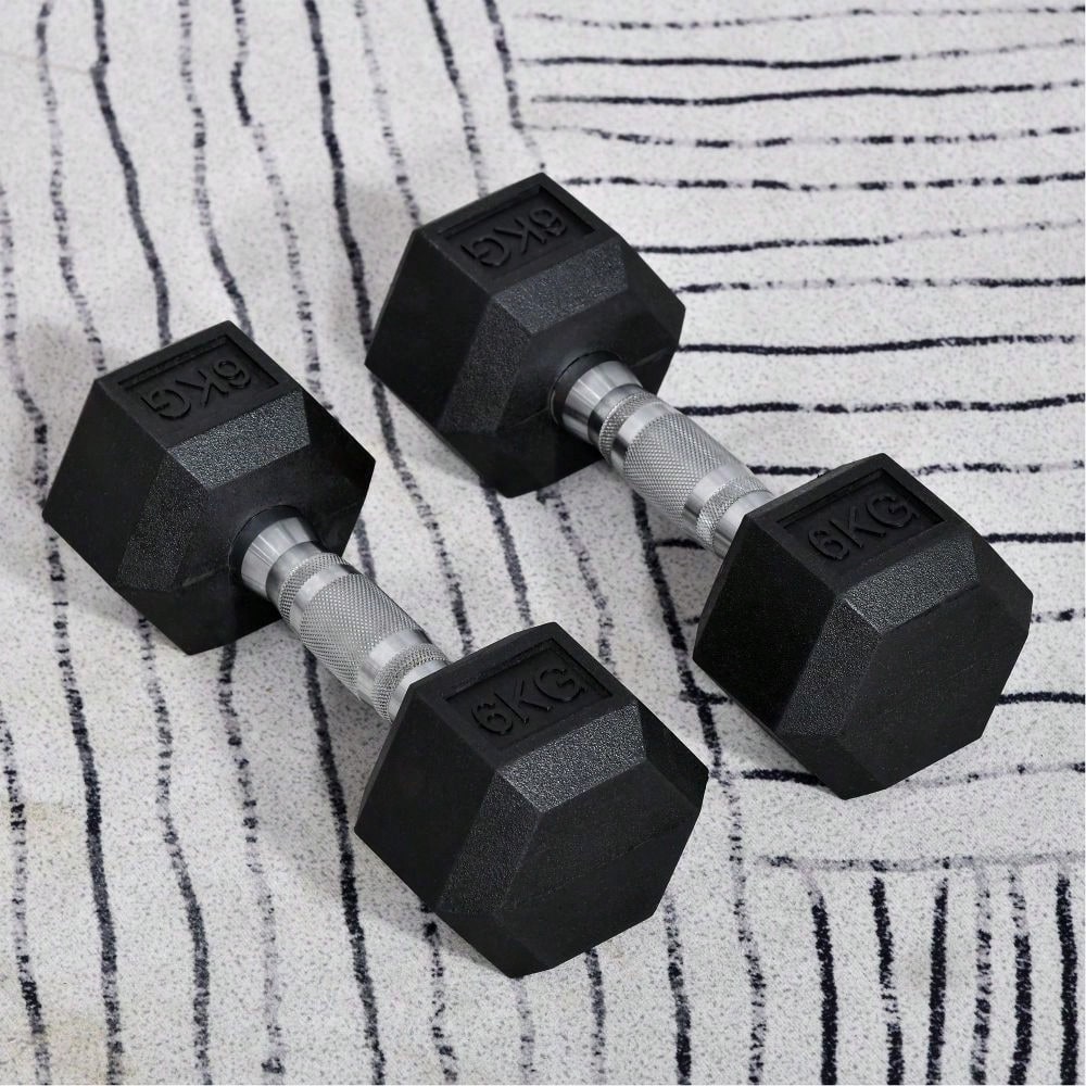 HOMCOM Kurzhantel Set 2x 6kg, Sechskant Design mit Gummiüberzug, rutschfest & bodenschonend, für Krafttraining & Home Gym (Schwarz)