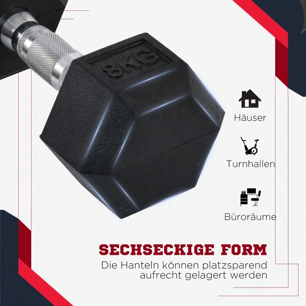 HOMCOM Kurzhantel Set 2x 6kg, Sechskant Design mit Gummiüberzug, rutschfest & bodenschonend, für Krafttraining & Home Gym (Schwarz)