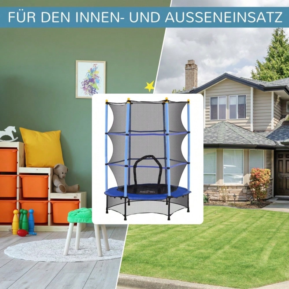 HOMCOM Kindertrampolin Ø 140 cm mit Sicherheitsnetz, Für Indoor & Outdoor, Bis 50 kg Belastbar, Stahlrahmen (Blau)