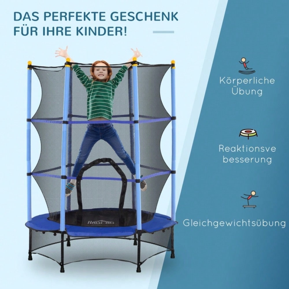 HOMCOM Kindertrampolin Ø 140 cm mit Sicherheitsnetz, Für Indoor & Outdoor, Bis 50 kg Belastbar, Stahlrahmen (Blau)