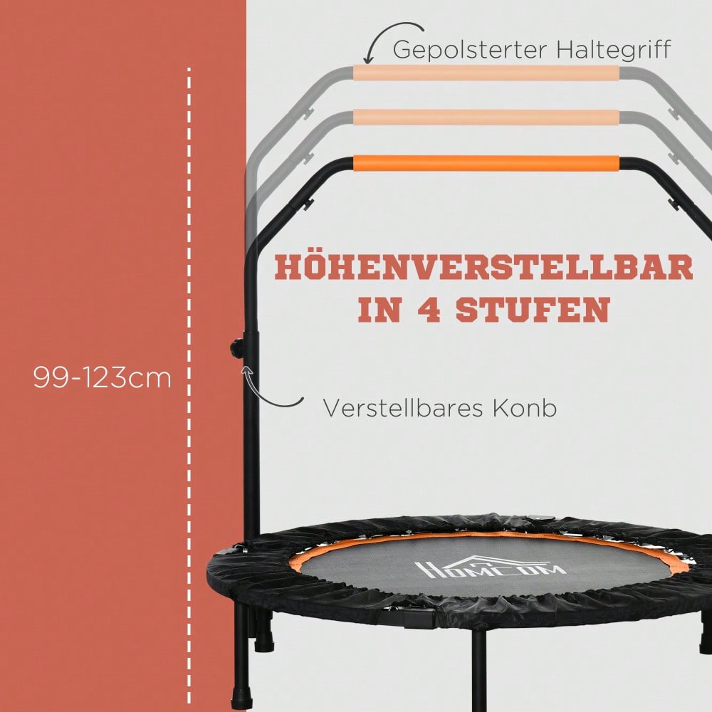 HOMCOM Fitness Trampolin 102 cm mit höhenverstellbarem Haltegriff, Faltbar für Erwachsene, Bis 100 kg Belastbar, Für Indoor Training (Schwarz)