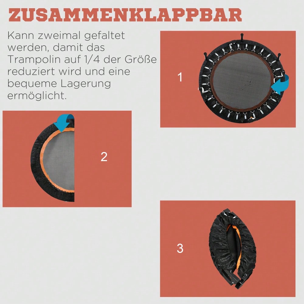 HOMCOM Fitness Trampolin 102 cm mit höhenverstellbarem Haltegriff, Faltbar für Erwachsene, Bis 100 kg Belastbar, Für Indoor Training (Schwarz)