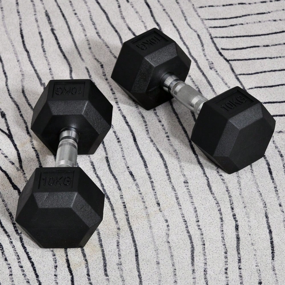 HOMCOM Kurzhantel Set 2x 10kg, Sechskant-Design mit Gummiüberzug, rutschfest & bodenschonend, für Krafttraining & Home Gym (Schwarz)