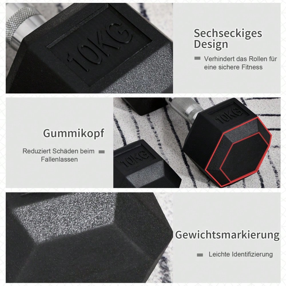 HOMCOM Kurzhantel Set 2x 10kg, Sechskant-Design mit Gummiüberzug, rutschfest & bodenschonend, für Krafttraining & Home Gym (Schwarz)