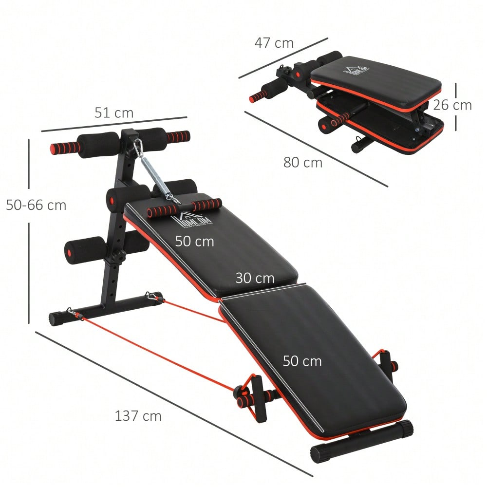 HOMCOM Bauchtrainer Bank Verstellbar & Klappbar, Multifunktionsbank mit Trainingsseilen, Bis 110 kg Belastbar, Für Home Gym & Krafttraining (Schwarz/Rot)