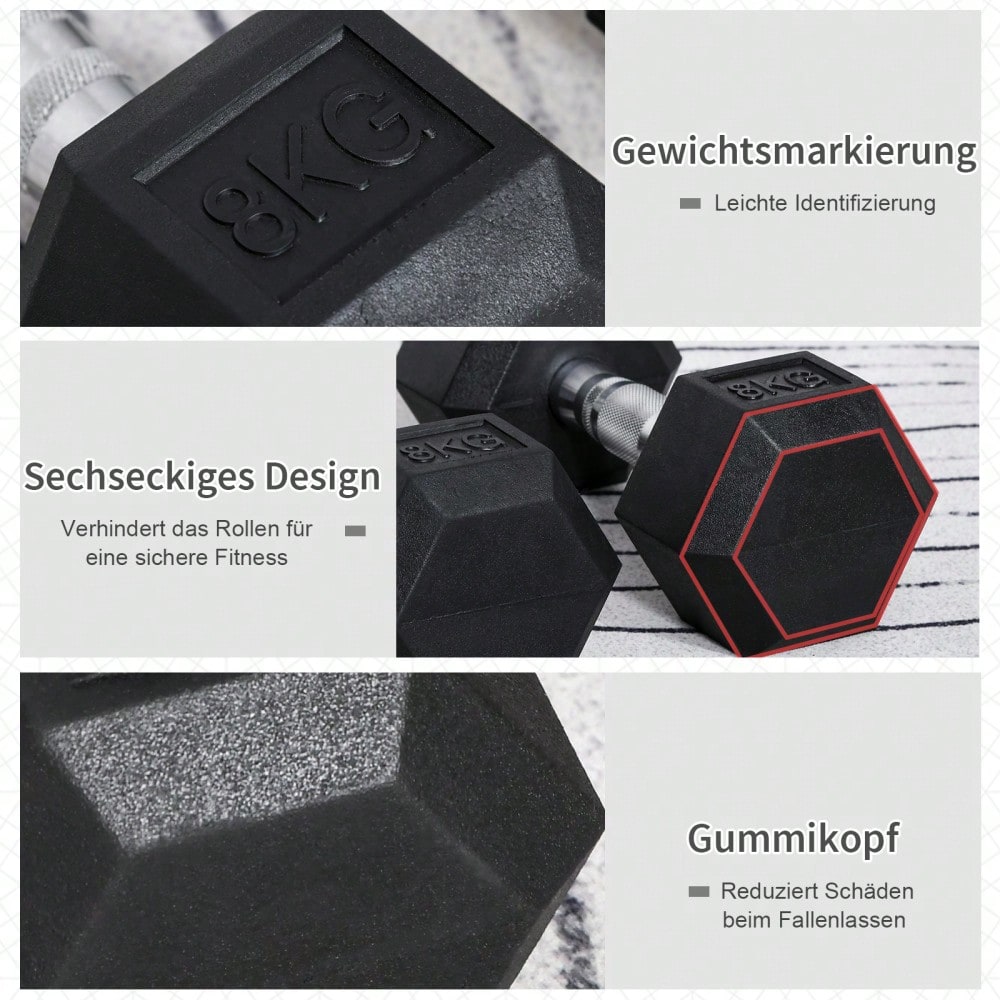 HOMCOM Kurzhantel Set 2x 8kg, Sechskant-Design mit Gummiüberzug & Gerändeltem Griff, Rutschfest & Bodenschonend, Für Krafttraining & Home Gym (Schwarz)