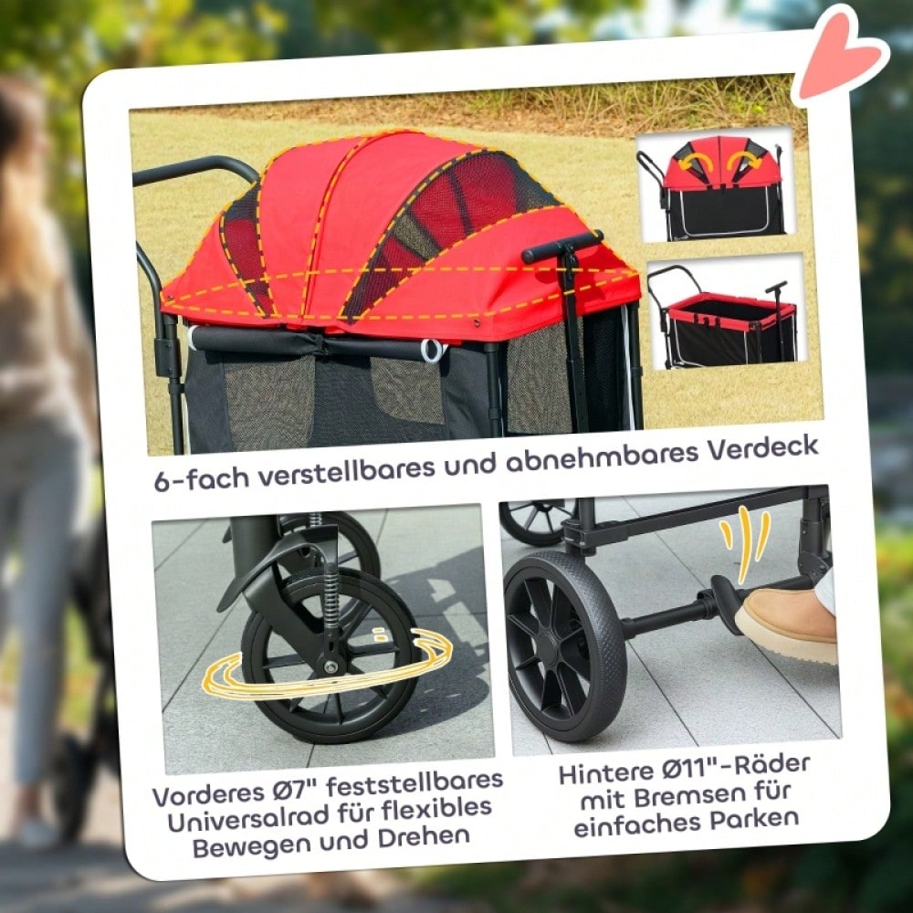 PawHut Hundebuggy Klappbar für Hunde & Katzen bis 30 kg, Transportwagen mit Leichtlaufrädern, Großraum-Innenbereich 110x65x102 cm (Rot)