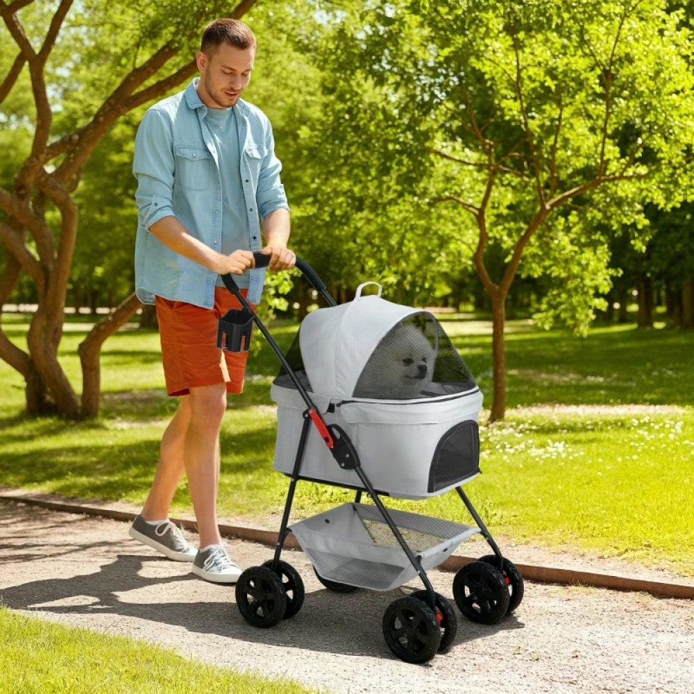 PawHut 3-in-1 Hundewagen Klappbar mit 4 Rädern & Abnehmbarem Transportkorb, Für Hunde & Katzen, Sicher & Kompakt (Grau)