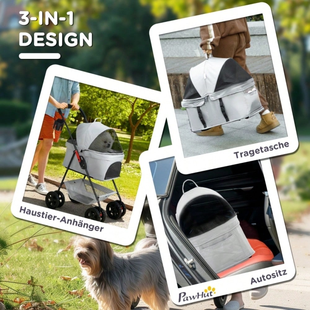 PawHut 3-in-1 Hundewagen Klappbar mit 4 Rädern & Abnehmbarem Transportkorb, Für Hunde & Katzen, Sicher & Kompakt (Grau)
