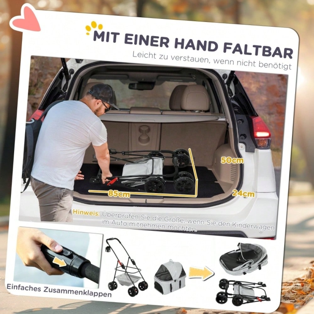PawHut 3-in-1 Hundewagen Klappbar mit 4 Rädern & Abnehmbarem Transportkorb, Für Hunde & Katzen, Sicher & Kompakt (Grau)