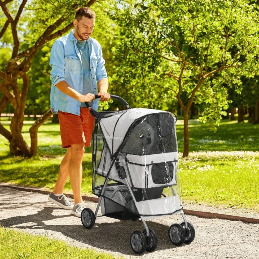 PawHut Hundebuggy Klappbar bis 10 kg, Mit Regenschutz, Bodenkorb & 2 Becherhaltern, Für Kleine Hunde, Leicht & Kompakt 75x45x97 cm (Grau)