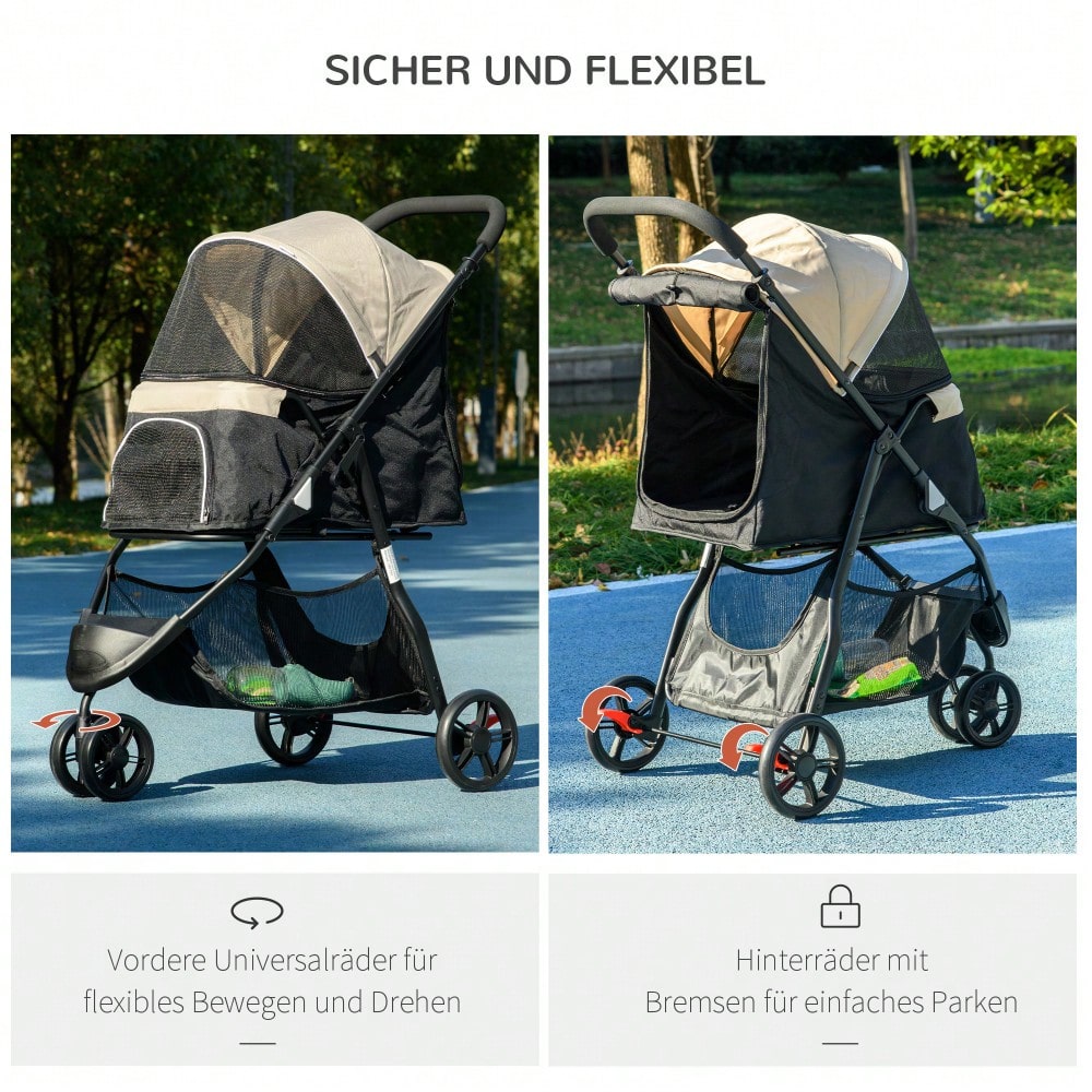 PawHut 2-in-1 Hundebuggy Klappbar mit Regenschutz & Kissen, Für Hunde & Katzen bis 10 kg, Mit Netzfenstern & Aufbewahrungskorb (Khaki)
