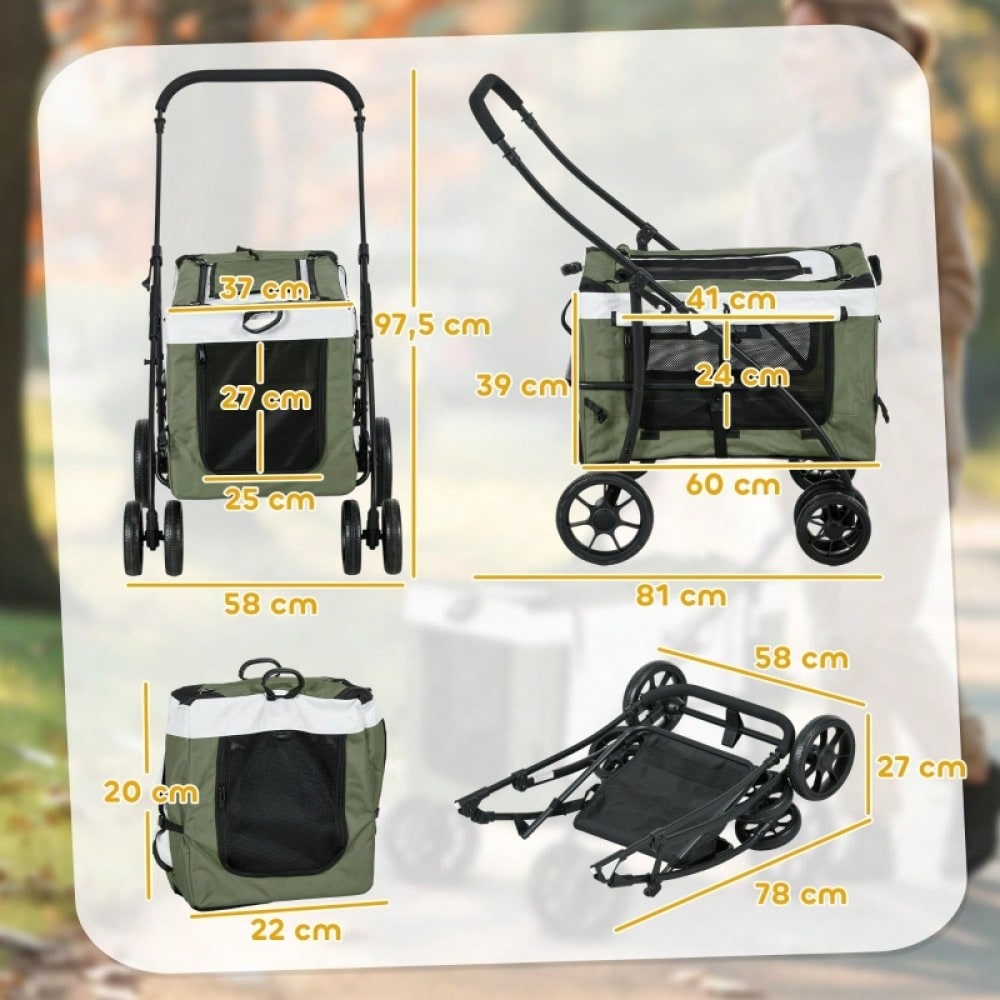 PawHut 2-in-1 Hundebuggy Klappbar mit Kissen & Regenschutz, Für Hunde & Katzen bis 10 kg, Mit Netzfenstern & Aufbewahrungskorb (Dunkelgrün)