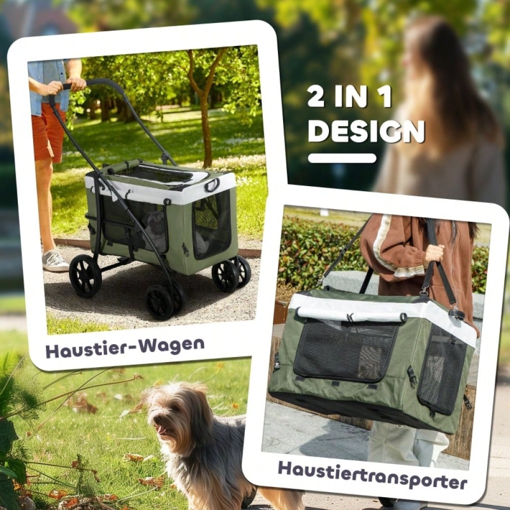 PawHut 2-in-1 Hundebuggy Klappbar mit Kissen & Regenschutz, Für Hunde & Katzen bis 10 kg, Mit Netzfenstern & Aufbewahrungskorb (Dunkelgrün)