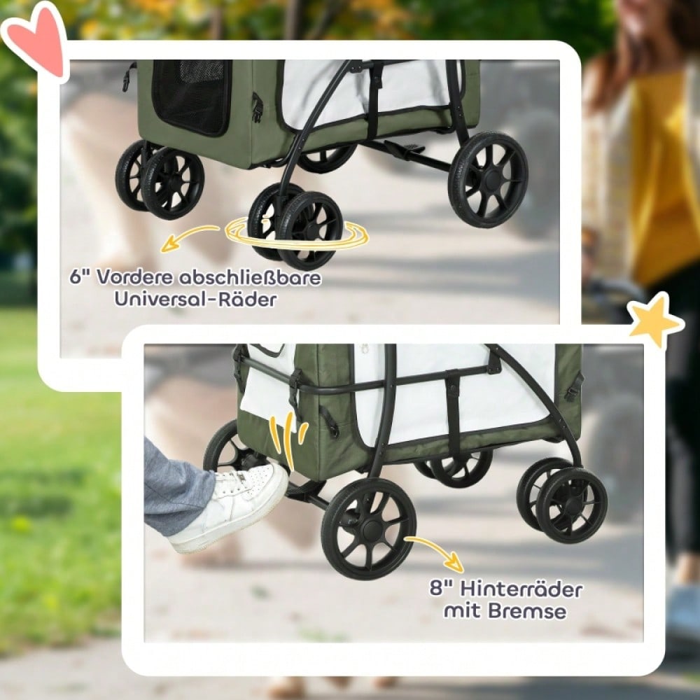 PawHut 2-in-1 Hundebuggy Klappbar mit Kissen & Regenschutz, Für Hunde & Katzen bis 10 kg, Mit Netzfenstern & Aufbewahrungskorb (Dunkelgrün)