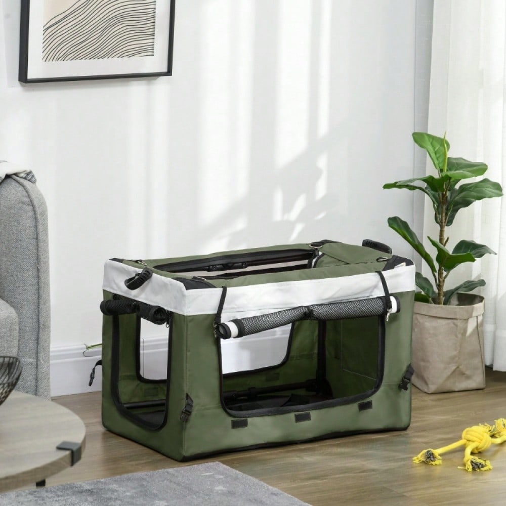 PawHut 2-in-1 Hundebuggy Klappbar mit Kissen & Regenschutz, Für Hunde & Katzen bis 10 kg, Mit Netzfenstern & Aufbewahrungskorb (Dunkelgrün)