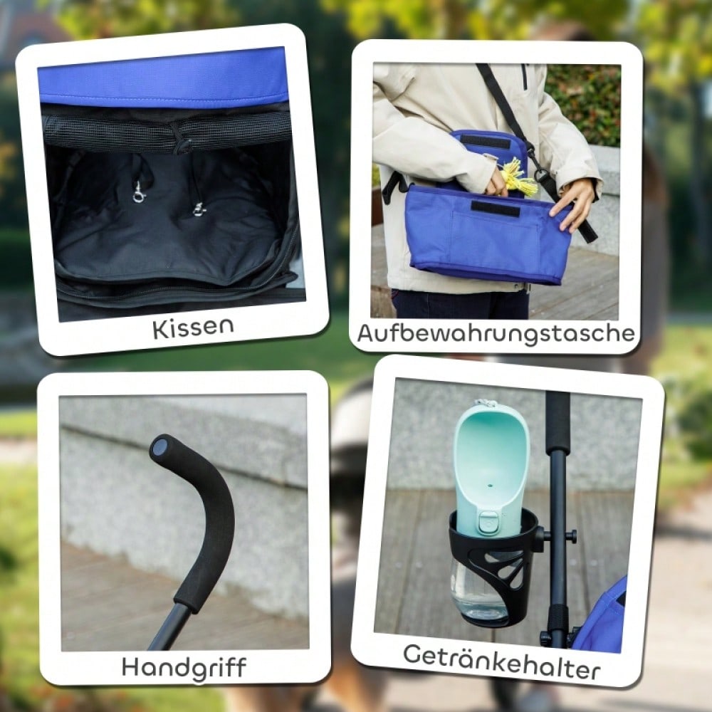 PawHut Hundebuggy Klappbar für Kleine Hunde & Katzen bis 4 kg, Mit Netzfenstern, Sicherheitsgurt & Aufbewahrungstasche, Inkl. Regenschutz (Dunkelblau)