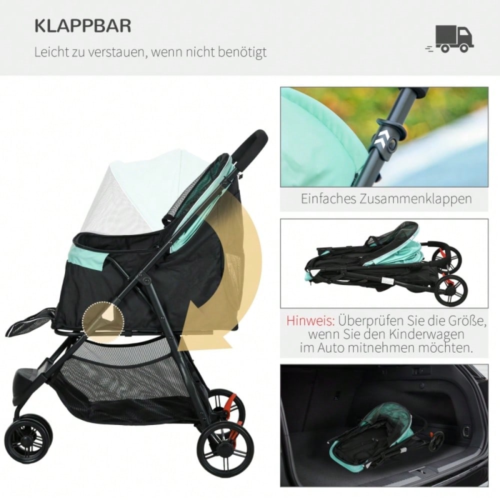 PawHut Haustierbuggy Klappbar mit Regenschutz & 2 Getränkehaltern, Für Kleine Hunde & Katzen, Leicht & Kompakt (Blau/Grün)