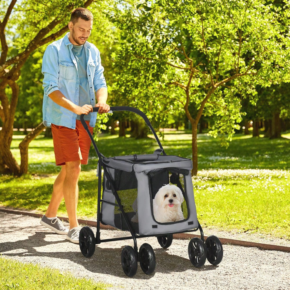 PawHut Hundebuggy Faltbar bis 20 kg mit Kissen & Netzfenstern, Für Hunde & Katzen, Oxford-Gewebe, Sicher & Stabil (Grau/Schwarz)