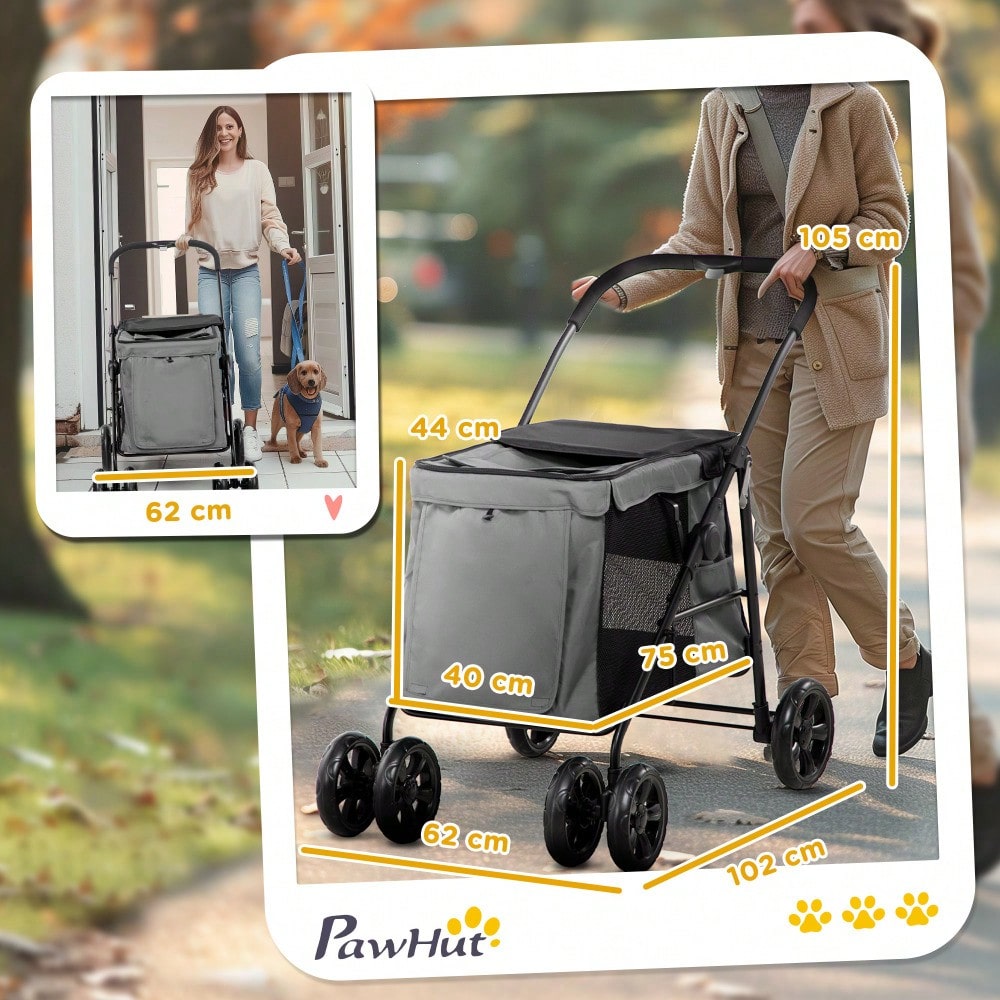 PawHut Hundebuggy Faltbar bis 20 kg mit Kissen & Netzfenstern, Für Hunde & Katzen, Oxford-Gewebe, Sicher & Stabil (Grau/Schwarz)