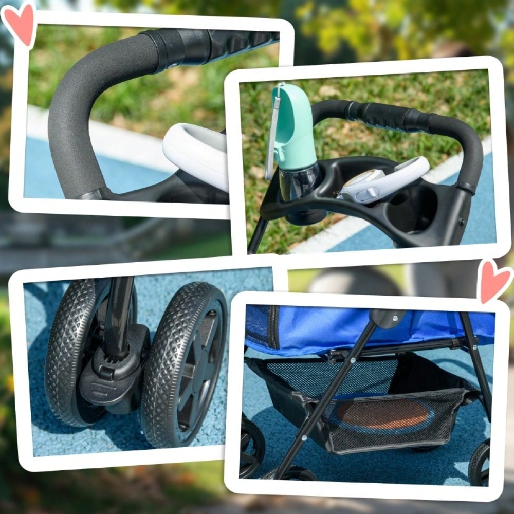 PawHut Hundebuggy Klappbar für Kleine Hunde & Katzen, Mit Sicherheitsleinen & Netzfenstern, Oxford-Gewebe, Kompakt 67x45x96 cm (Blau)