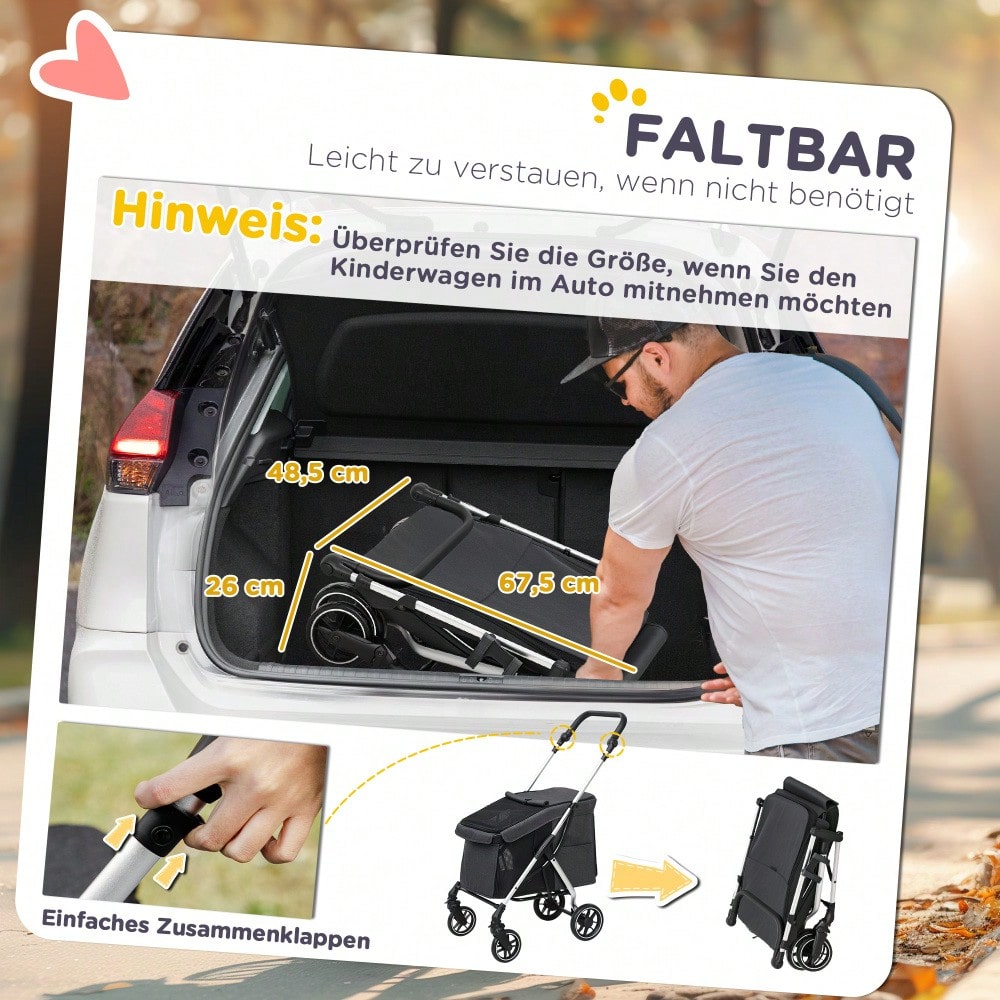 PawHut Hundebuggy aus Aluminium Klappbar bis 10 kg, Für Hunde & Katzen, Mit Kissen, Netzfenstern & Aufbewahrungskorb, Leicht & Stabil (Grau)