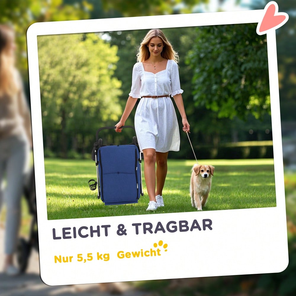 PawHut Hundebuggy aus Aluminium Klappbar bis 10 kg, Für Hunde & Katzen, Mit Kissen, Netzfenstern & Aufbewahrungskorb, Leicht & Stabil (Dunkelblau)