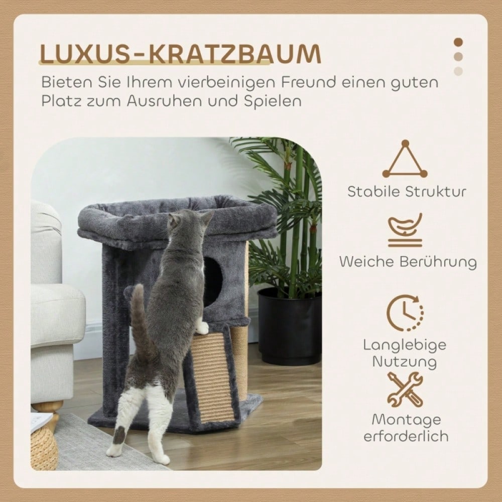PawHut Kratzbaum für Katzen mit Katzenhaus, Kratzmatte aus Jute, Liegefläche und Spielball, 57 cm Höhe, Beige