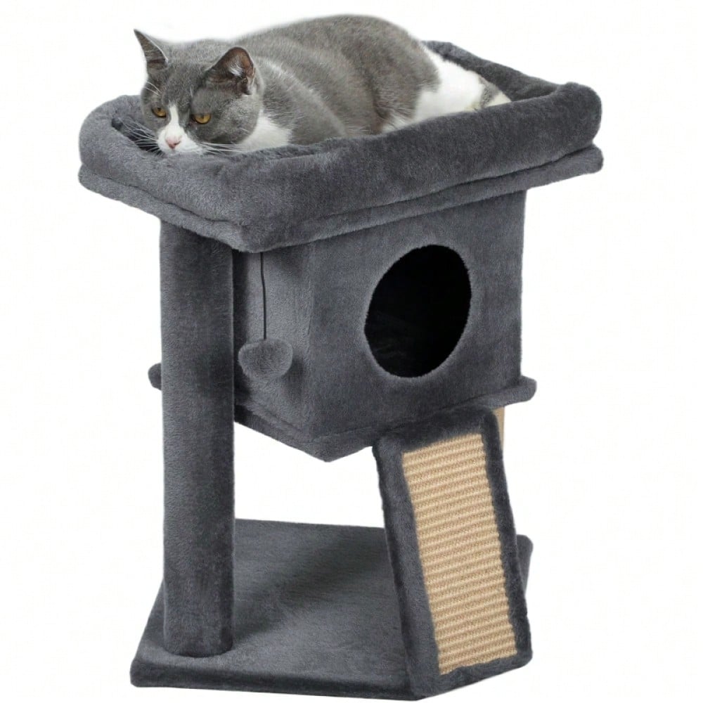 PawHut Kratzbaum für Katzen mit Katzenhaus, Kratzmatte aus Jute, Liegefläche und Spielball, 57 cm Höhe, Beige