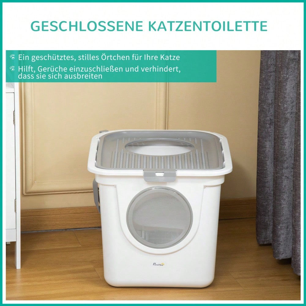 PawHut Indoor-Katzentoilette mit Deckel, Katzenklo inkl. Schaufel für Katzen bis 5 kg, Kunststoff, grau/weiß, 44x55x39 cm