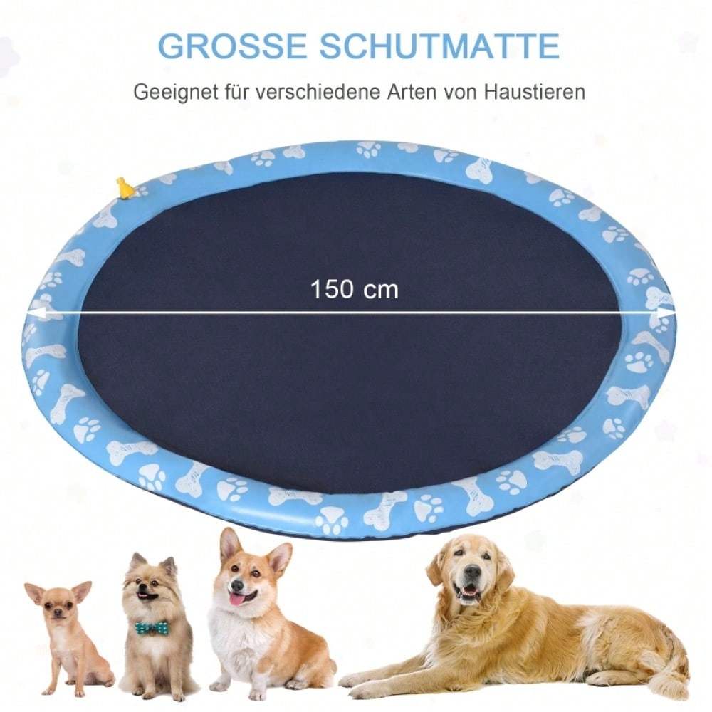 PawHut Wasserspielmatte für Hunde, 150 cm Anti-Rutsch Sprinkler Pad, Outdoor Spritzspiel aus PVC, blau