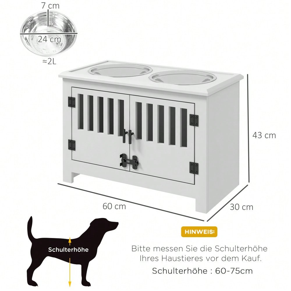 PawHut Erhöhte Futterstation für extra große Hunde, mit 2L Edelstahlschalen, Stauraum & Doppeltür mit Schloss, weiß