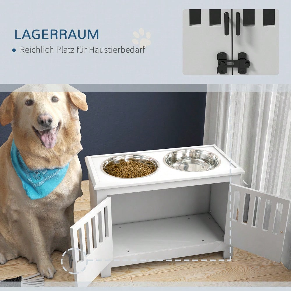 PawHut Erhöhte Futterstation für extra große Hunde, mit 2L Edelstahlschalen, Stauraum & Doppeltür mit Schloss, weiß