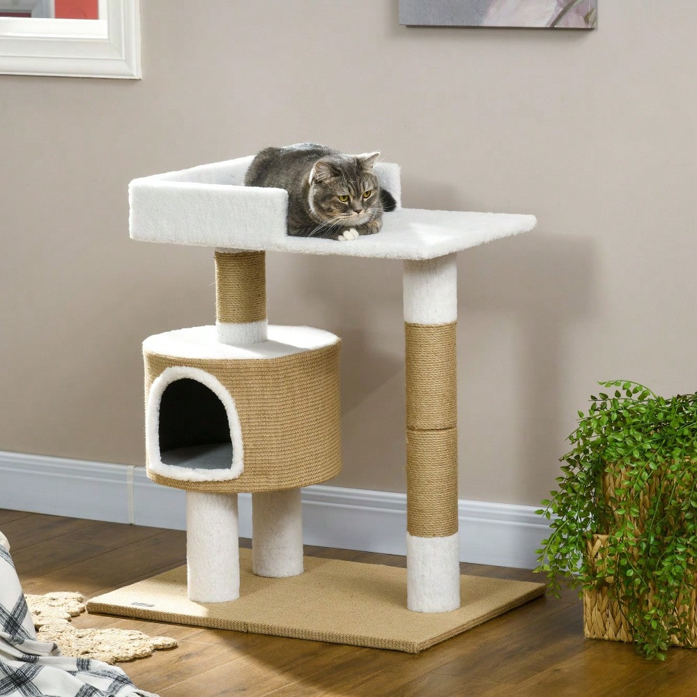 PawHut Kratzbaum für Katzen bis 8 kg, 79 cm mit Katzenhöhle, Liegefläche und Jute Bezug, Braun/Weiß