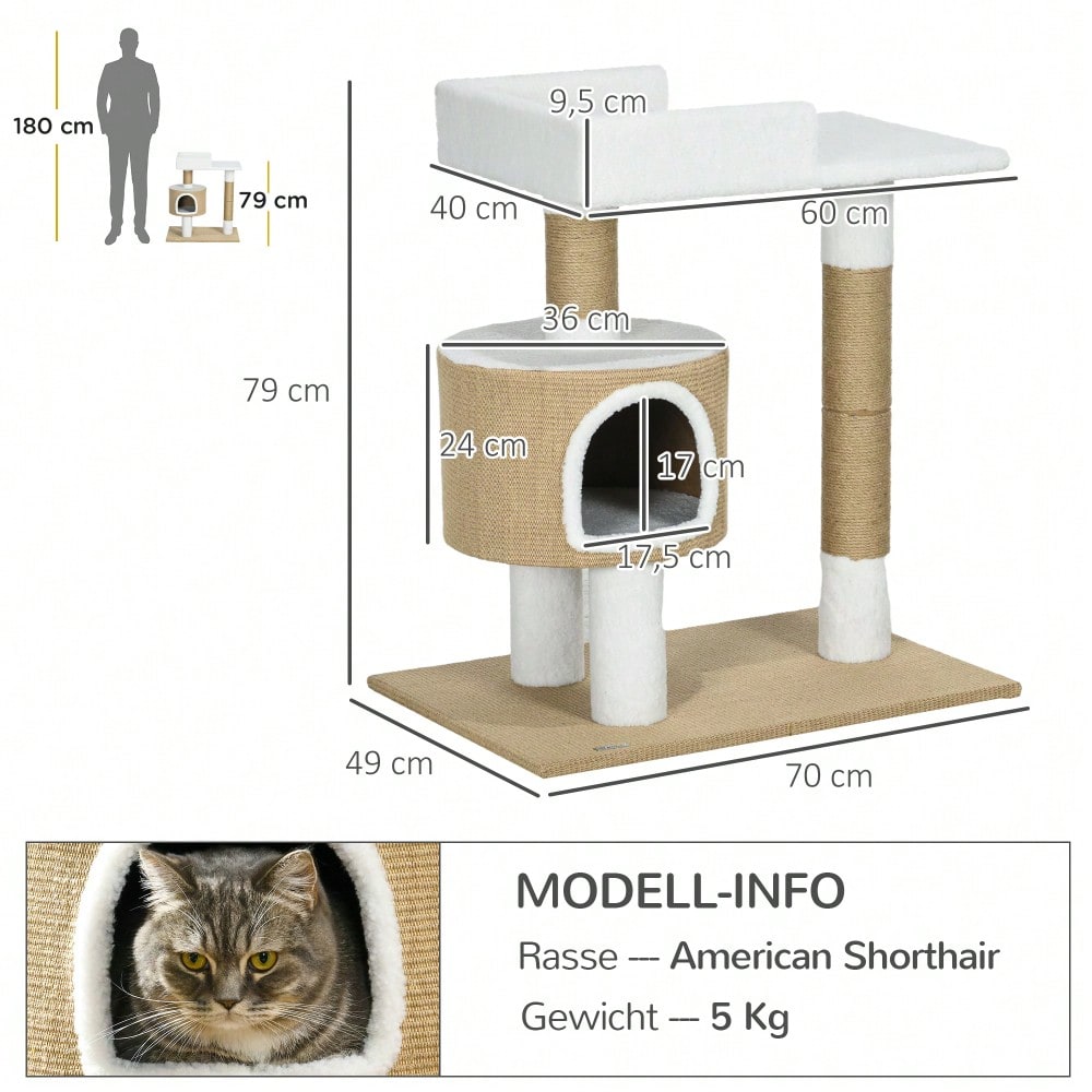 PawHut Kratzbaum für Katzen bis 8 kg, 79 cm mit Katzenhöhle, Liegefläche und Jute Bezug, Braun/Weiß