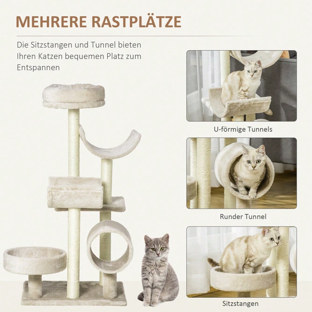 PawHut Kratzbaum Kletterbaum für Katzen mit Spielzeug und Tunnel, 105 cm hoch, beige, 50x40x105 cm